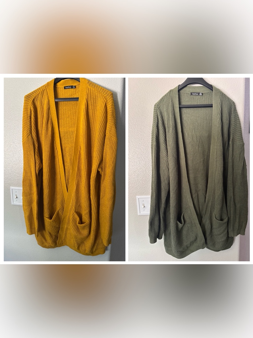 Boohoo Dual-Color Open Front Long Cardigan - Mustard & Olive
